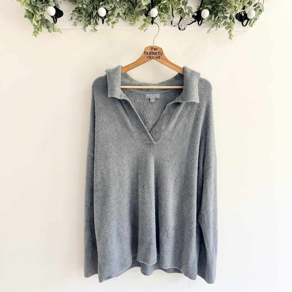 Barefoot Dreams CozyChic Lite Dusty Blue Collared Soft Sweater Size 1X D5108